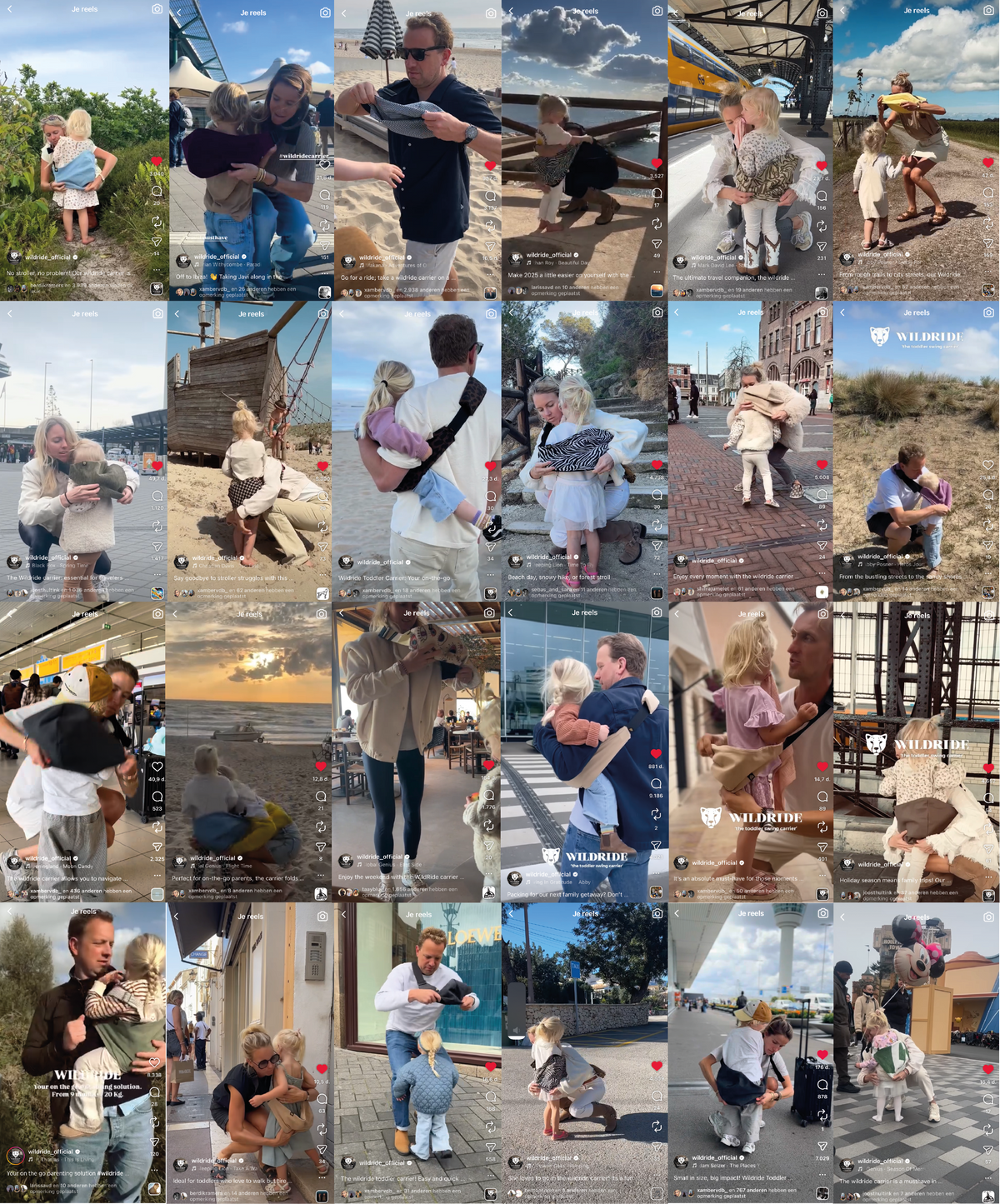 Wildride viral Reels collage highlighting the best toddler carrier for travel, city trips and everyday parenting